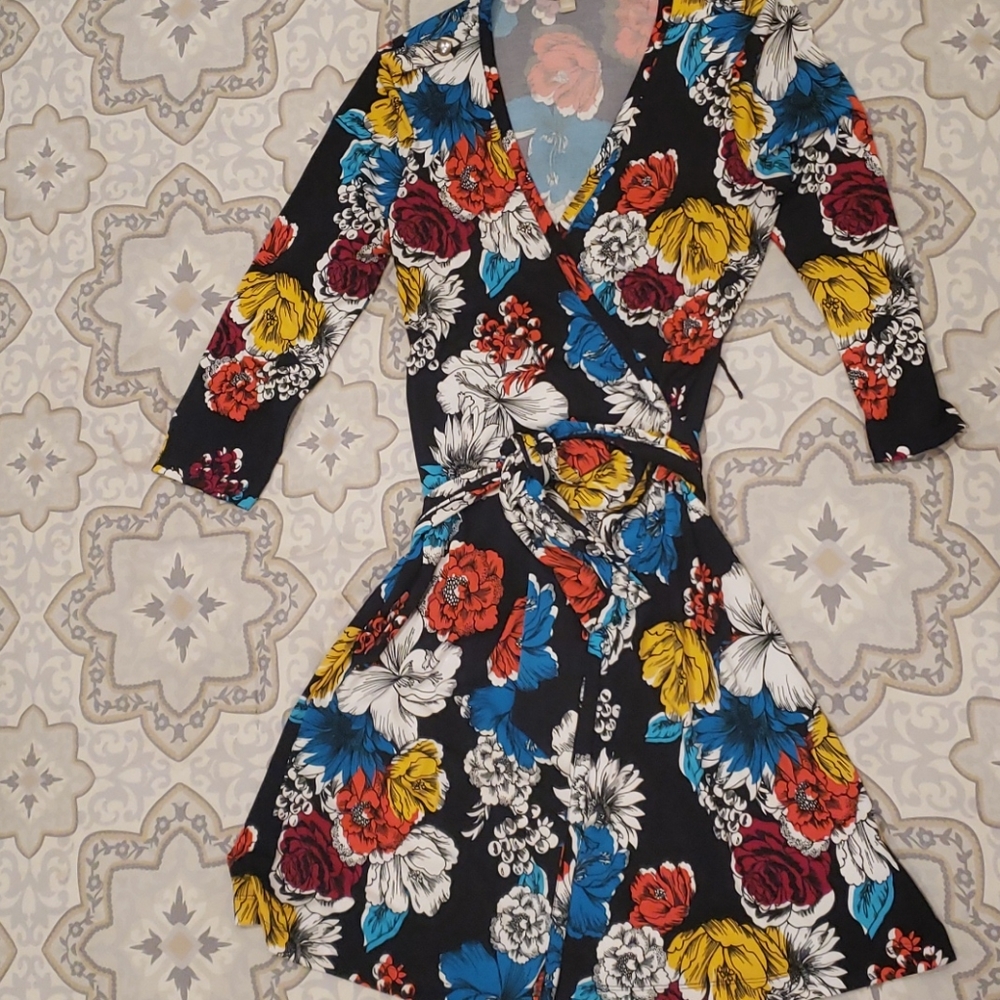 Spring 3/4 Sleeve  Floral Wrap Dress